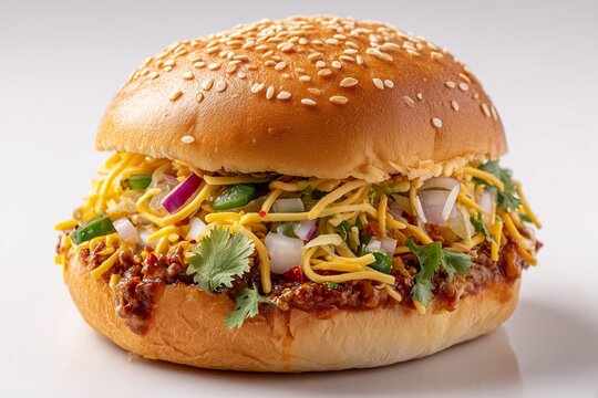 Spicy Indian dabeli on white background &ndash; generative AI