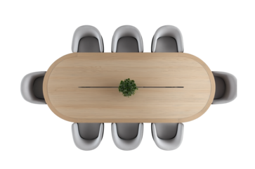 Top View of a Wooden Oval Dining Table with Chairs and Tableware