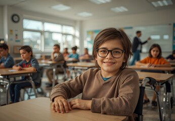 Smiling senior people, including a woman in a wheelchair, enjoy a cafe or restaurant setting, while others work on computers or tablets in an office