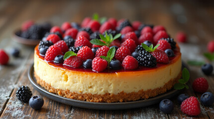 Delicious homemade cheesecake with fresh raspberries, blueberries and blackberries