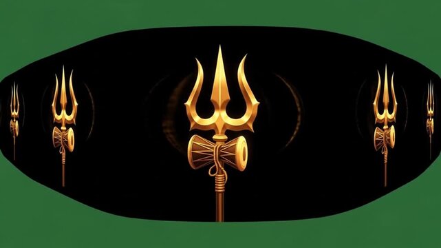 Majestic Golden Tridents on Dark Background with Green Borders, Sacred Spiritual Symbolism and Traditional Artwork