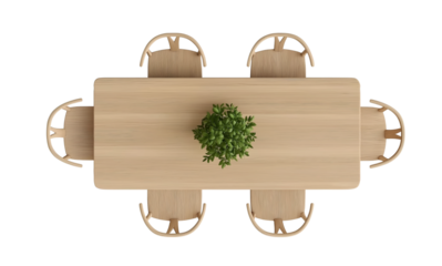 Top View of a Wooden Oval Dining Table with Chairs and Tableware