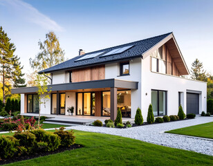 Elegant modern house featuring a sleek design and a meticulously landscaped outdoor living space