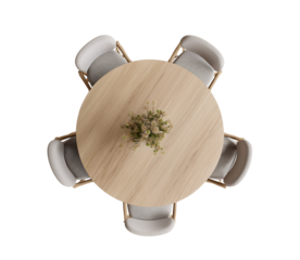 Overhead View of a Round Dining Table with Eight Chairs and Plant Centerpiece