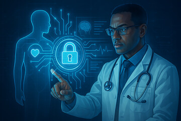 healthcare data security. A doctor interacts with a digital interface highlighting cybersecurity and data protection in healthcare technology.