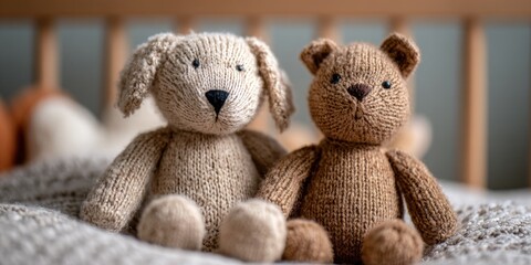 Knitted dog and bear toys on a crib