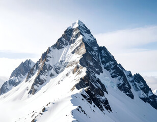 Majestic snow-capped mountain peak dominates a pristine winter landscape under a vast sky
