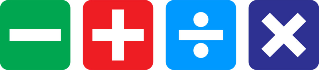 Fototapeta premium Plus minus multiply and divide sign isolate on colorful background. Set of mathematical symbols. Vector icons with mathematical signs. Vector illustration.