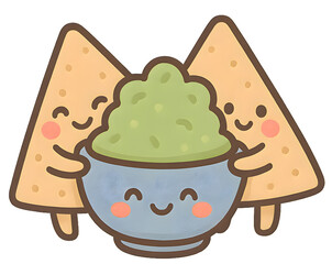 Adorable tortilla chips hugging a happy bowl of guacamole. Playful food cartoon perfect for snacks, parties, or fun menus.
