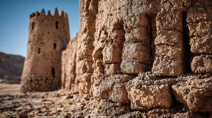 Close-up of desert fortification with rounded towers in the Middle East
