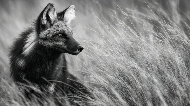 Black and white fox in tall grass