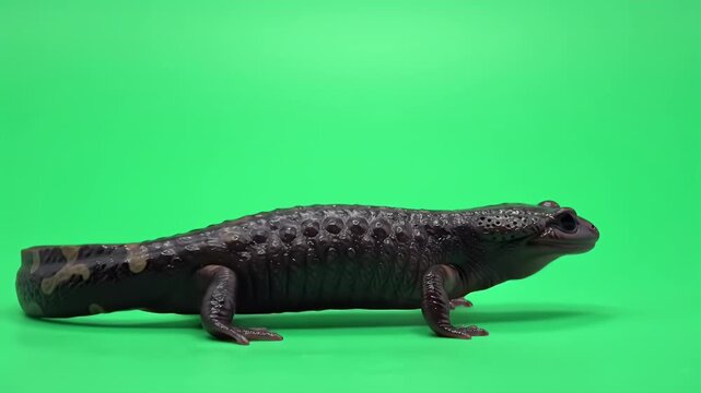 Dark European Newt or Salamander Amphibian in Profile on Vibrant Green Screen Background for Easy Isolation