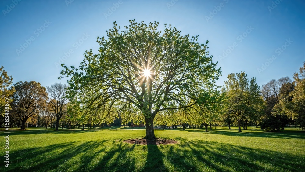 Poster sunlit green leaves of an abstract tree in a park environment, suitable for use as a natural backgro
