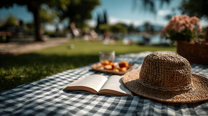 Enjoying a sunny picnic with a book and straw hat on a checkered blanket in a grassy park, perfect for summer relaxation