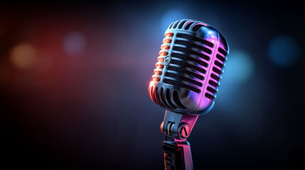 A microphone is on a dark background with a purple and blue glow. The microphone is the main focus of the image