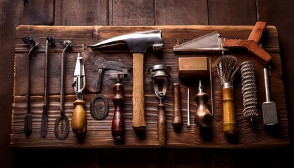 various artisan tools and utensils arranged on a rustic surface