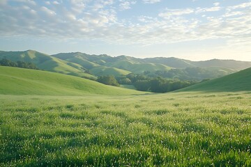 Fototapeta premium Rolling green hills landscape with meadow grass and cloudy sky, tranquil scenery and idyllic pasture
