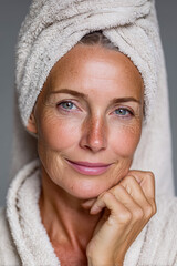 Natural anti aging treatment session featuring a mature woman with a towel on her head and a soft robe, showcasing healthy skin and a confident smile in a serene environment