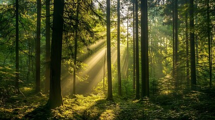 Obraz premium Sunlight Filtering Through Trees in Forest Landscape, Creating a Serene and Magical Ambiance