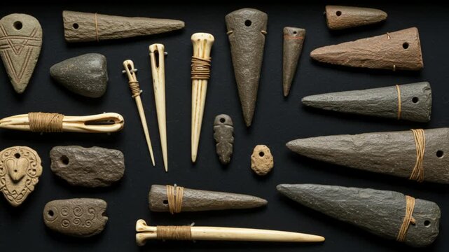 Collection Rare Ethnographic Tools Bone Needles Stone Blades And Talismans Museum Style Shadowbox