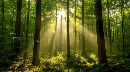 Obraz premium Sunlit Forest Canopy: Serene Woodland Scene with Sunbeams Streaming Through Green Trees