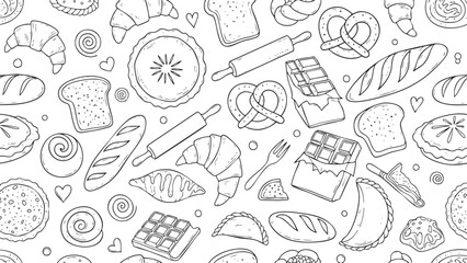 Bakery Delights Hand-Drawn Seamless Pattern of Breads, Pastries and Cakes