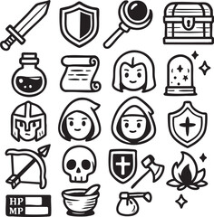 This charming collection of fantasy RPG game icons features various essential elements like weapons, magic items, characters, and UI components, perfect for digital projects.