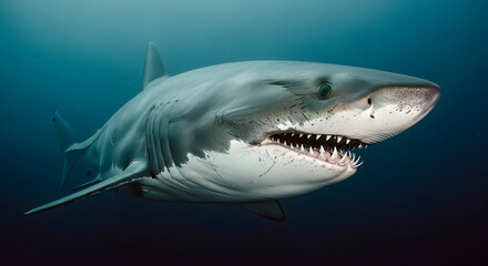 Fototapeta premium A majestic shark glides through the deep ocean, its powerful presence and sharp teeth visible