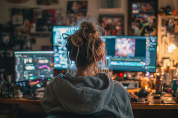 Obraz premium Focused on creativity in a dimly lit workspace, a person sits at a computer surrounded by multiple screens displaying code, graphs, and editing tasks while deep in thought