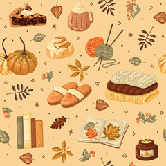 Seamless Autumn Pattern with pumpkins, books, pastry, candle, mushrooms, sweaters, and leaves. Vector.