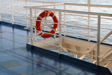 Lifebuoy on the boat. Selective focus.