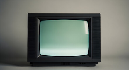 A solitary retro television with an illuminated screen sits quietly in a minimalist setting.