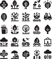 A diverse collection of eco-friendly vector icons for web design, featuring global travel and natural elements like trees and the sun
