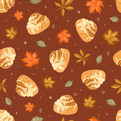 Seamless Autumn Pattern with Cinnamon Roll and Leaves. Vector.