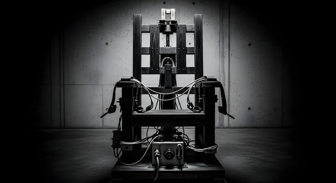 A somber black and white portrayal of a historical electric chair in a stark, desolate room.