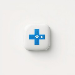 Fototapeta premium White AED sign with a blue medical cross and a heart symbol on a white background with soft lighting.