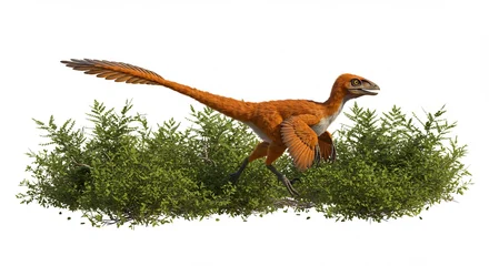 Poster Dinosaurus Levendige oranje dinosaurus rent door groen gebladerte. AI Generated  © Lucas