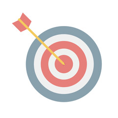 A flat design of a target with concentric circles and an arrow hitting the middle, representing goal achievement