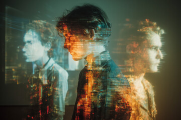 Exploring the boundaries of identity in a virtual landscape where the self dissolves into pixels and glitch effects