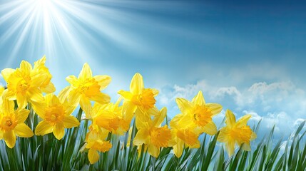 Vivid yellow daffodils in a spring sky.