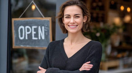Proud small business owner with open sign in her new cafe