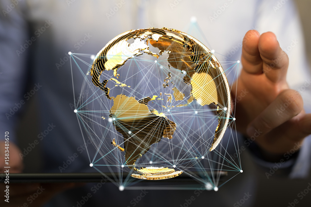 Poster abstract image of a golden globe with connection lines, representing global business and networking.