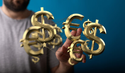 Image of a hand interacting with 3D currency symbols, representing global finance and exchange.