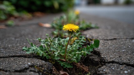 Yellow dandelion flower growing in cracks of a paved sidewalk.