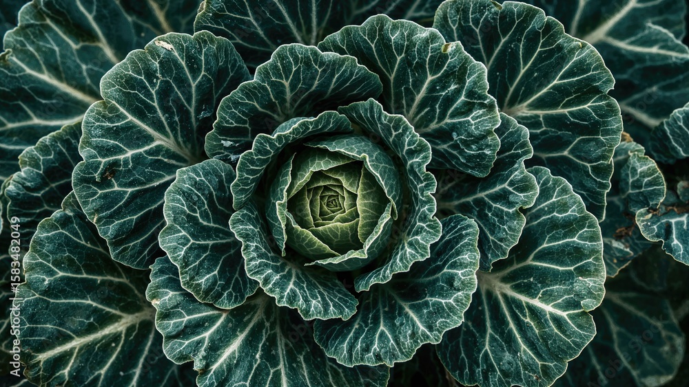 Poster macro shot of decorative leafy cabbage with intricate abstract patterns and vivid hues, highlighting