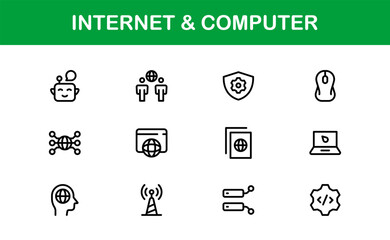 Internet and Computer Vector Icon Pack Featuring Network Device Cloud Browser Symbols in Clean Line Style