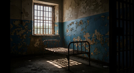 An old, abandoned prison cell with peeling paint and a metal bed bathed in sunlight through barred .