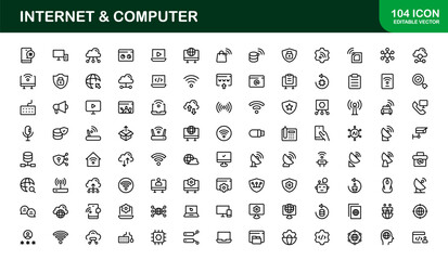 Internet and Computer Vector Icon Pack Featuring Network Device Cloud Browser Symbols in Clean Line Style