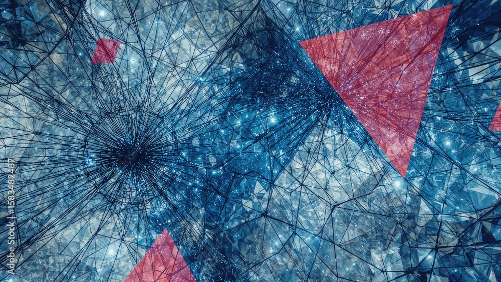 Fototapete double exposure rendered image showcasing a blend of blue and red polygonal lines and triangles repr