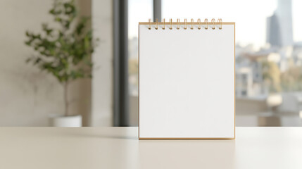 Blank Notepad Mockup: A spiral notebook sits on a desk, ready for notes, ideas, or sketches. Urban background visible through the window. Copy space available.